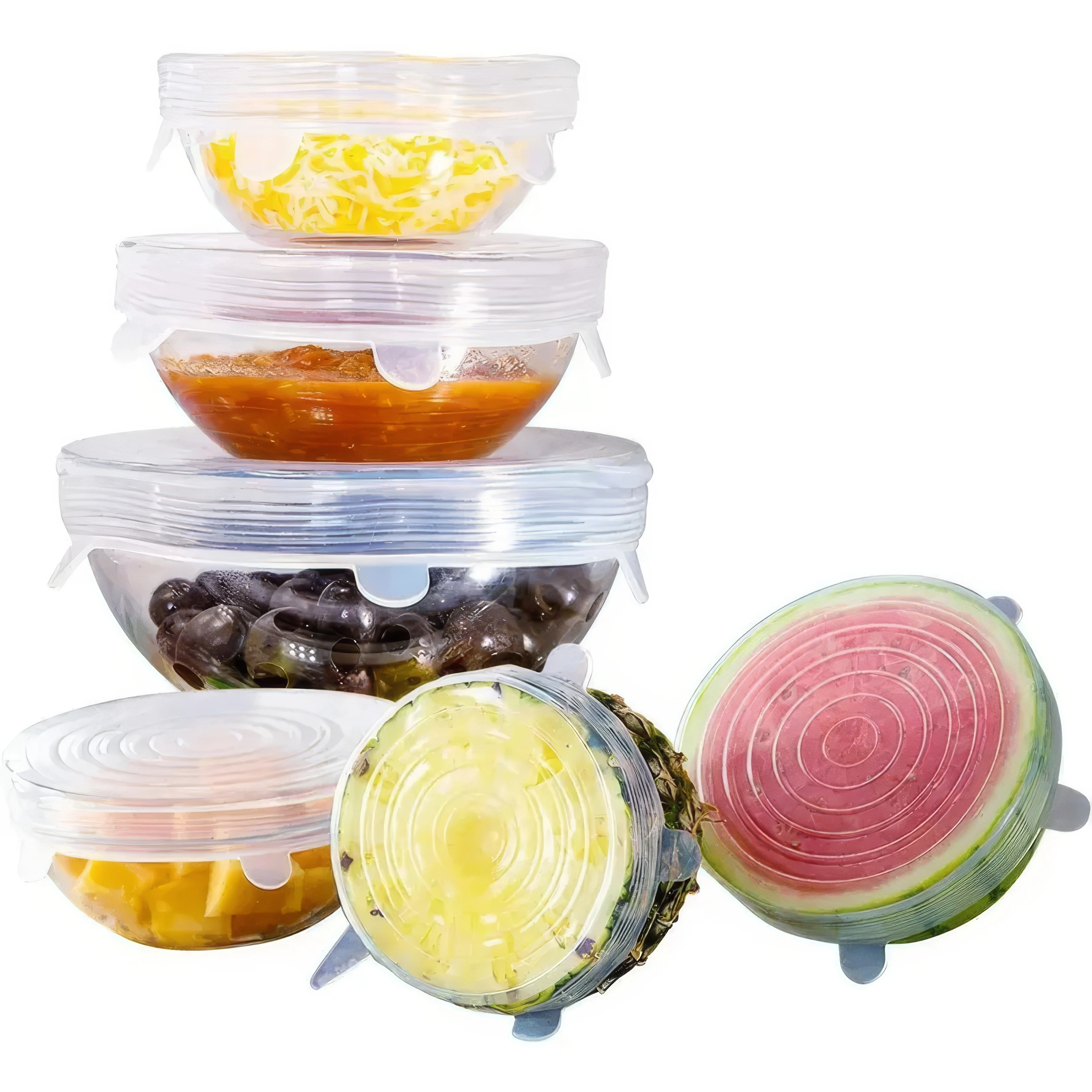 Paquete de 6 Tapas Elásticas de Silicona para Tazones y Platos ​ Diseño de varios tamaños, sellado hermético, apto para microondas y lavavajillas.