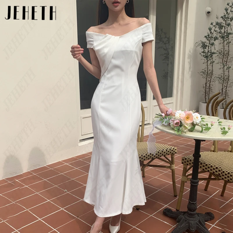 JEHETH V-Neck Pleat Mermaid Korea Bridal Gowns For Women Off Shoulder Wedding Dresses Satin Vintage 웨딩드레스 Photography Tea-Length