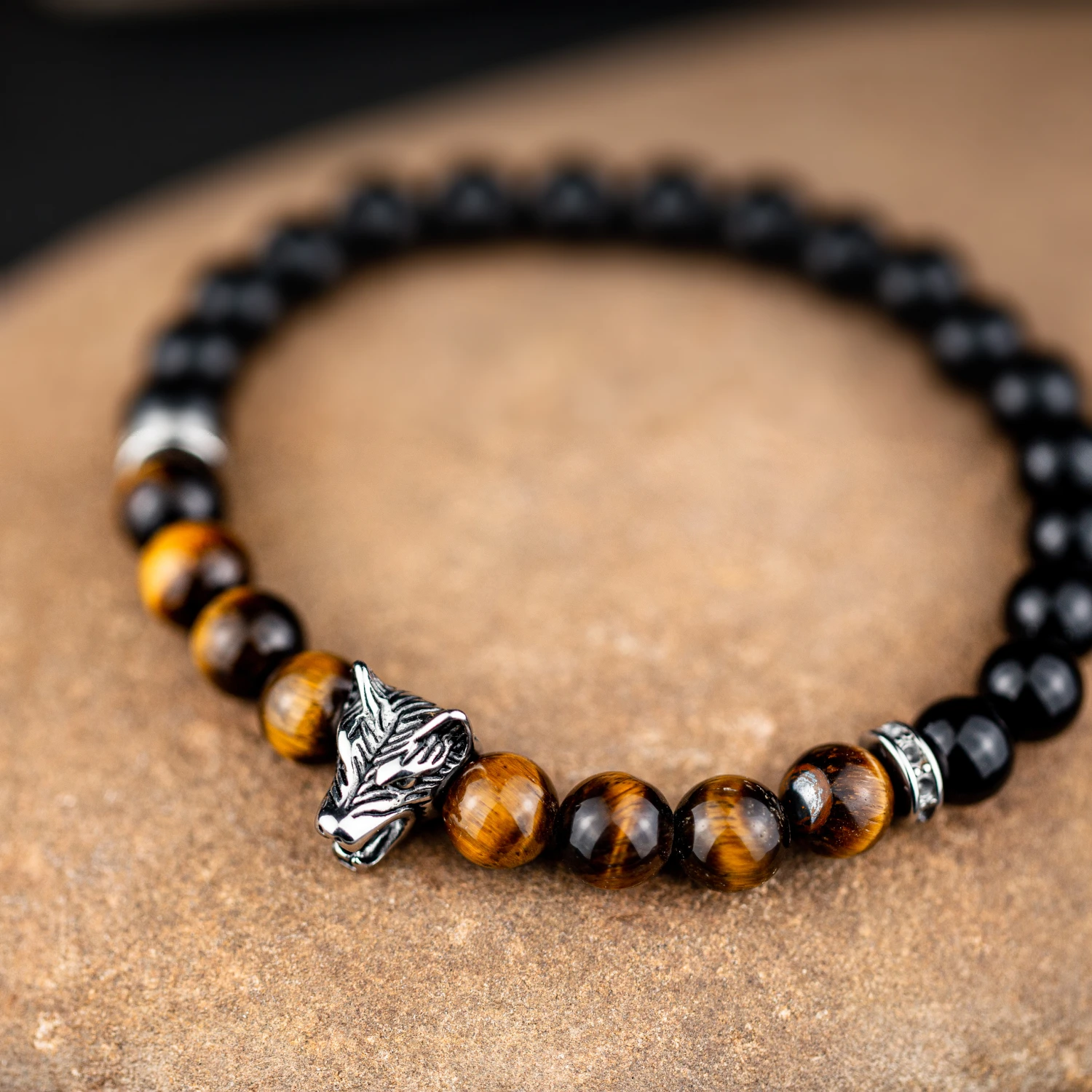 1pc Natural Stone Bracelet Obsidian Beaded Bracelet Wolf Charm Wolf Beads Bracelet Best Gifts For Bracelets Gifts for Man Women