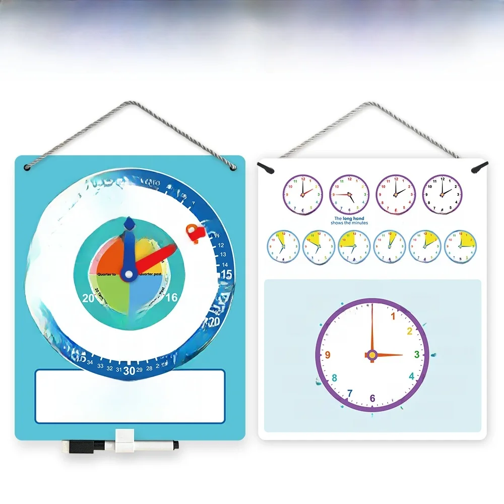 Montessori zapisywalny, suchościeralny zegar do nauczania czasu, matematyka, pomoce nauczycielskie, zegar demonstracyjny dla szkoły podstawowej 10,9 "x 13,5" — zdjęcie 2