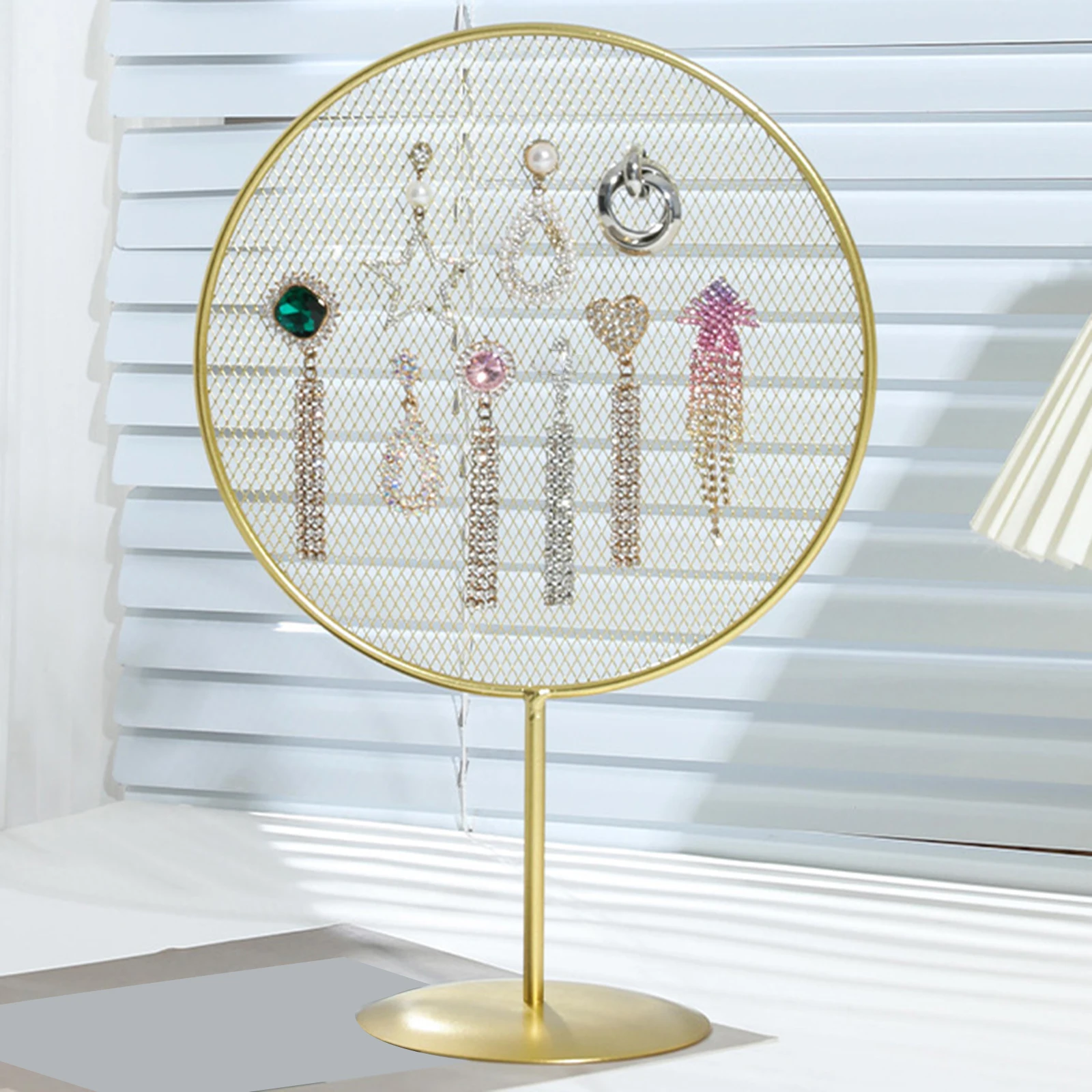 

Jewelry Display Stand Iron Mesh Earring Holder for Rings Necklaces Bracelets Countertop Jewelry Organizer with Storage Tray