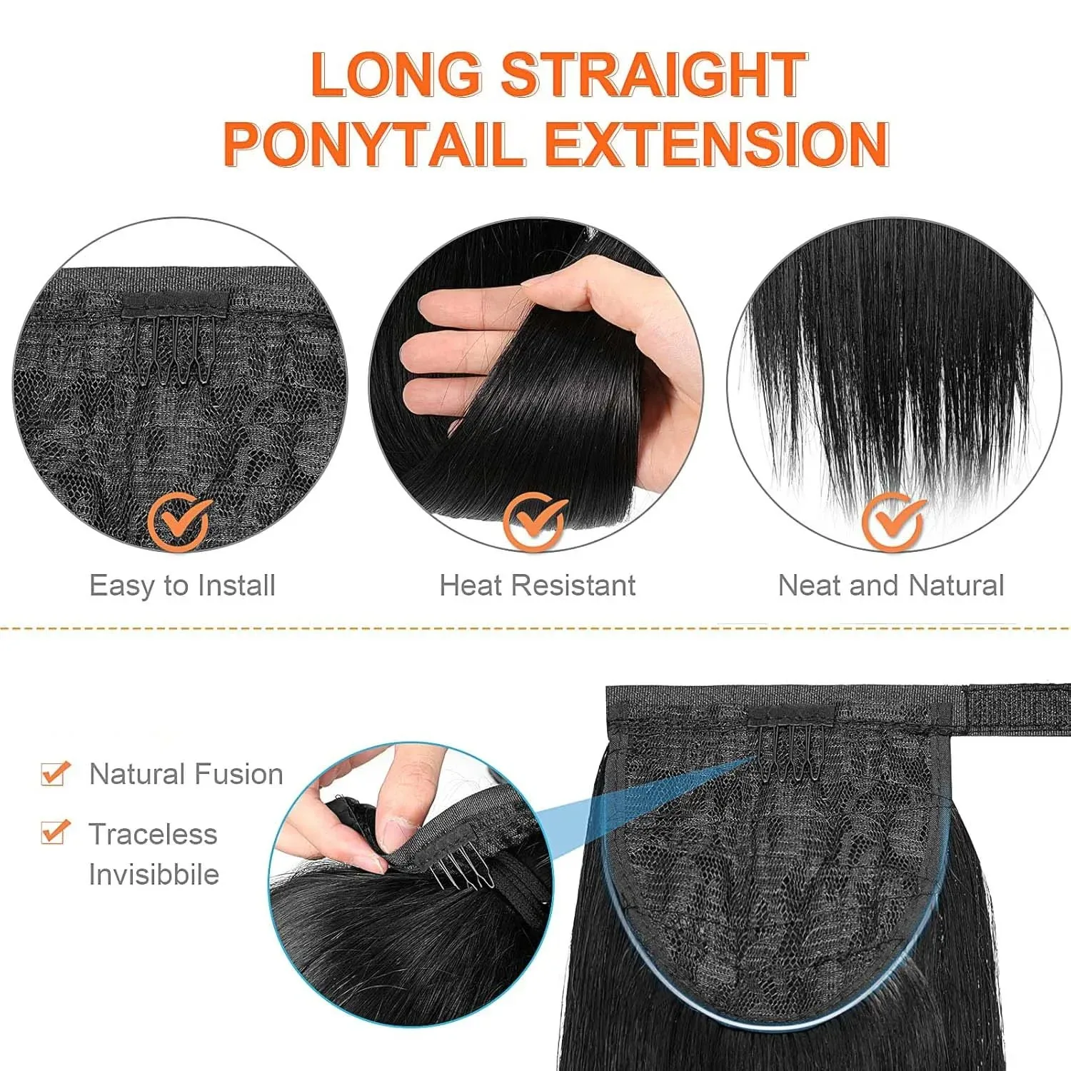 22Inch Synthetic Straight Wrap Around Magic Paste Ponytail Hair Extensions Clips in Heat Resistant Ponytail Hairpieces For Women