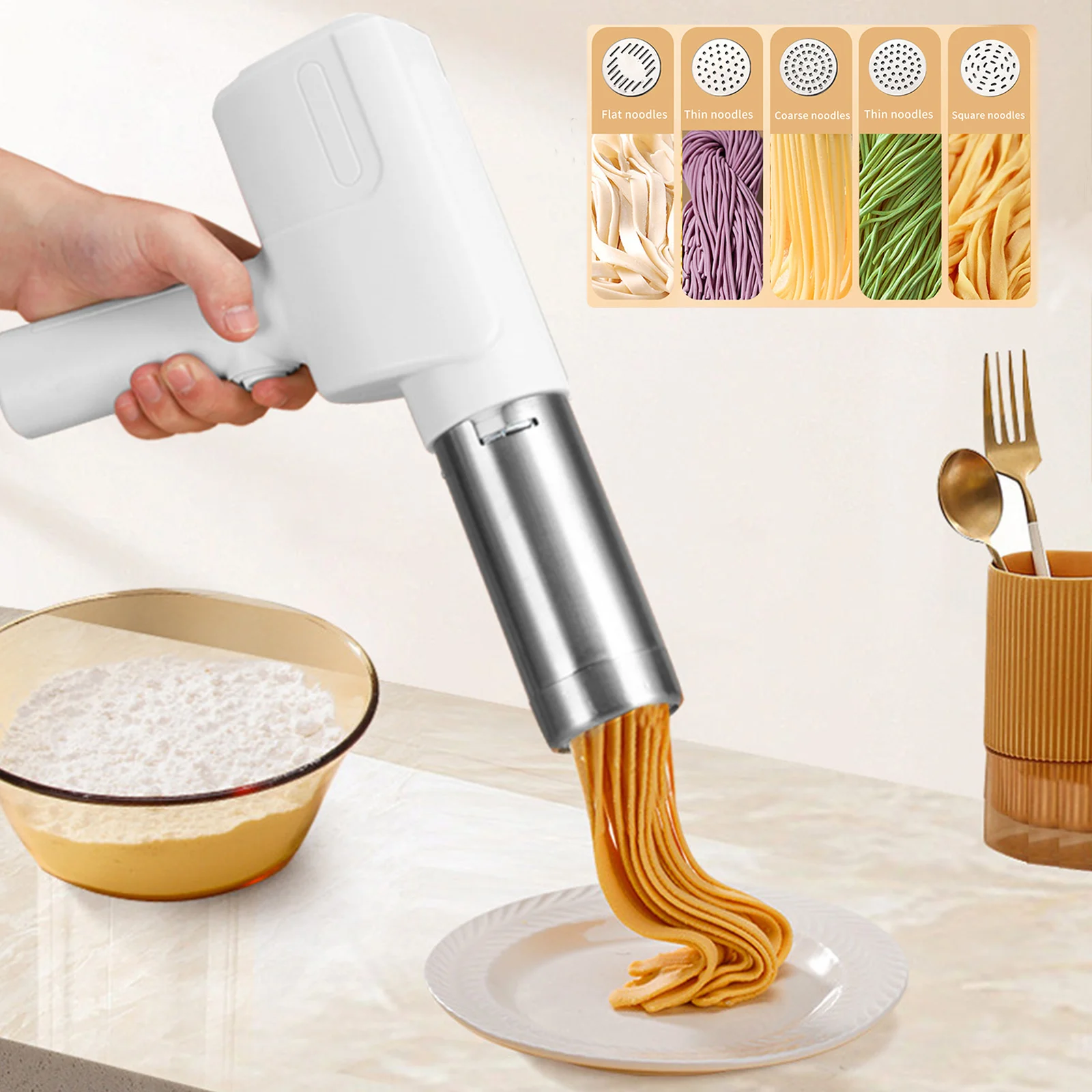 Máquina eléctrica de mano para hacer fideos, prensa de Pasta inalámbrica, 5 moldes, prensa de masa de acero inoxidable recargable, herramienta de cocina