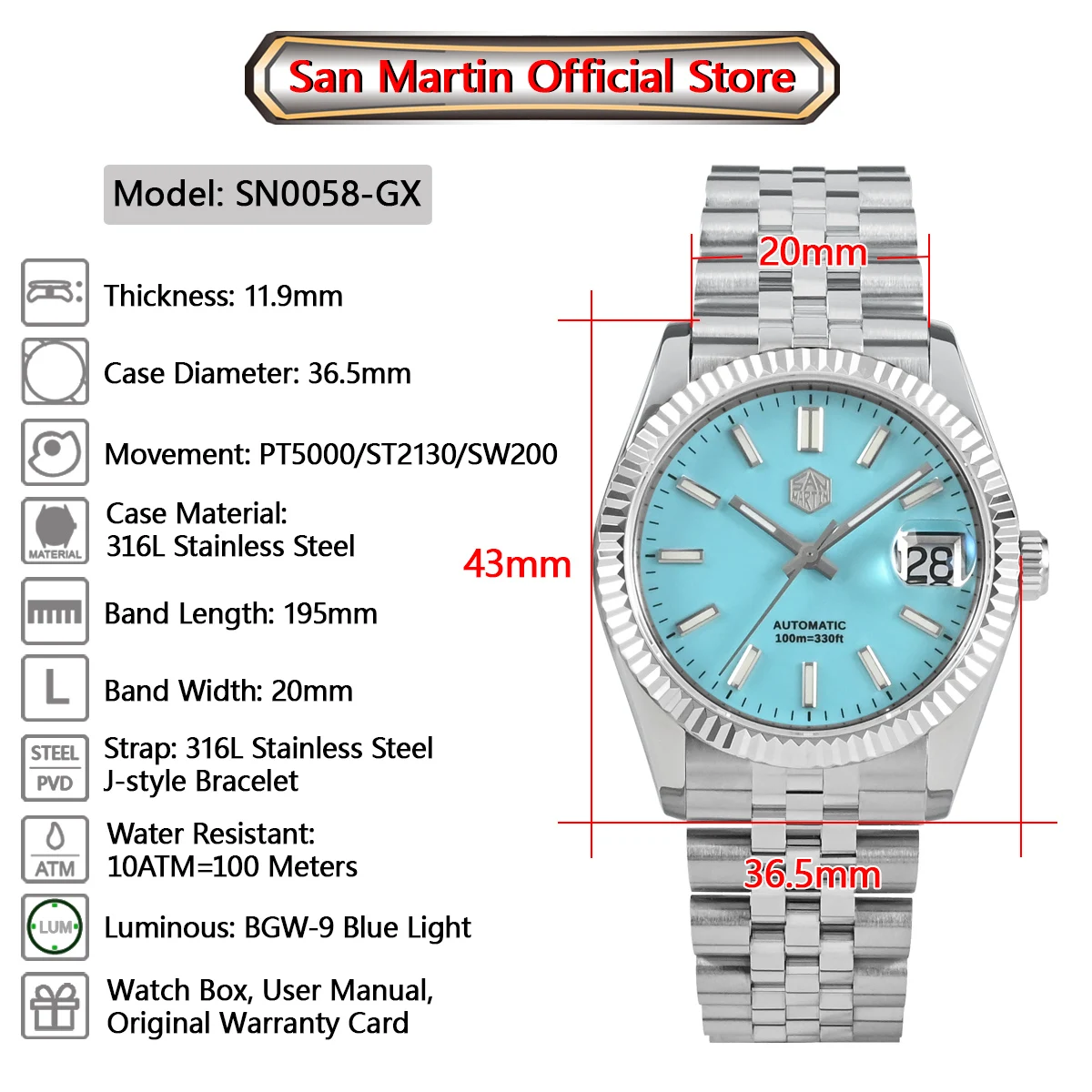 San Martin 36,5mm Männer Kleid Uhr Top Marke Luxus Automatische Mechanische Mode Paare Uhren Saphir Wasserdicht 100m BGW9 – Detail 5