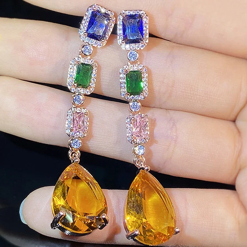 Huitan Nieuwe Trendy Vrouwen Lange Hangende Oorbellen Met Kleurrijke Zirkonia Luxe Mode Bruiloft Accessoires Luxe Sieraden - afbeelding 2