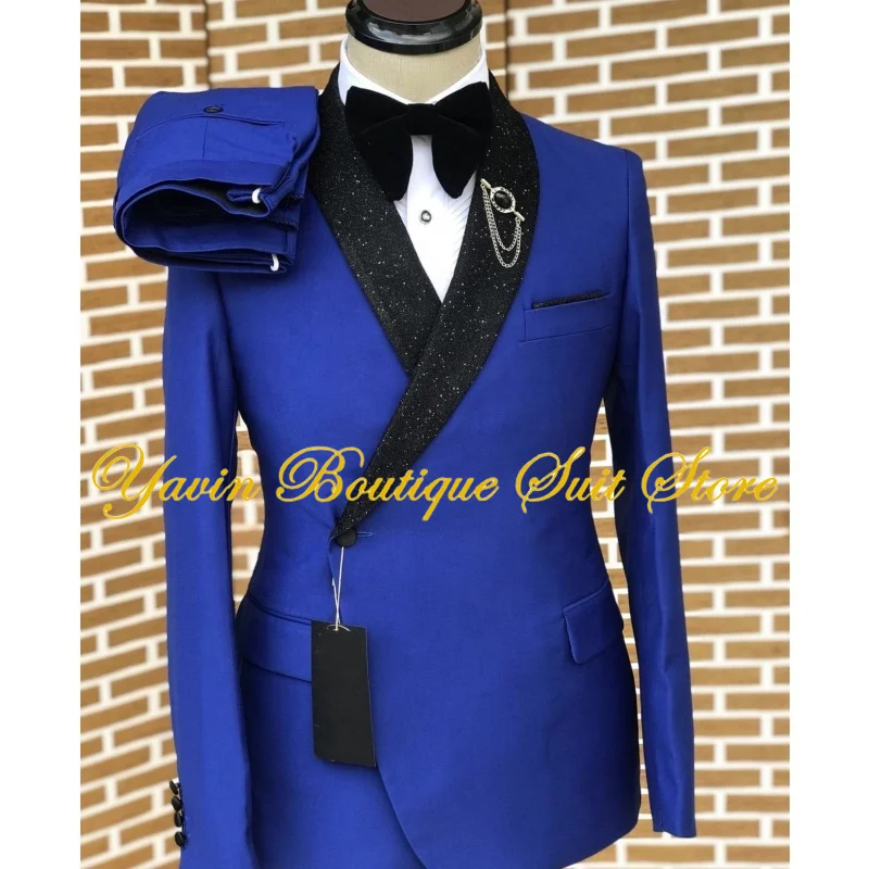 

Black Collar Royal Blue Men Suits Regular Fit 2 Piece Latest Design Wedding Suit For Men Blazer Sets Groom Tuxedo