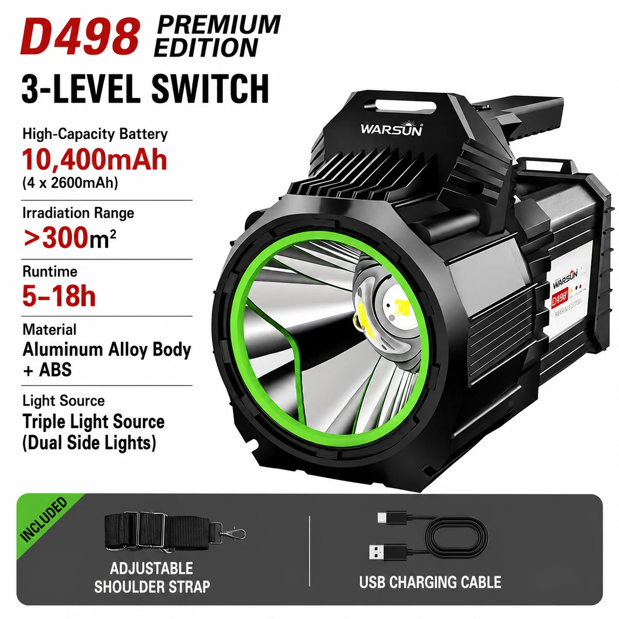 WARSUN D498 Ultra-Bright Rechargeable Searchlight, High-Power Long-Range Handheld LED Flashlight with Extended Runtime and Large