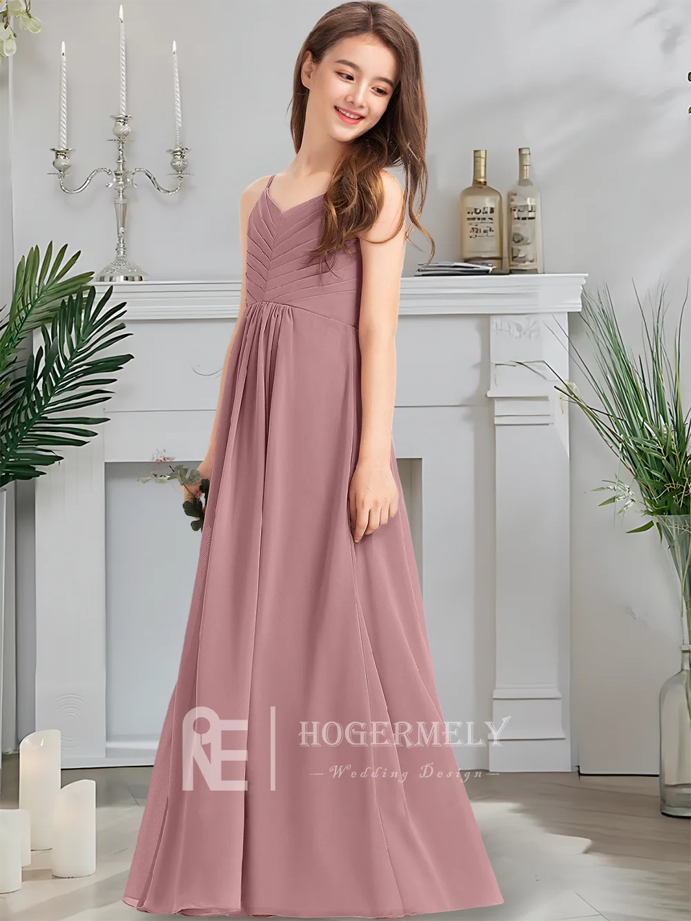 Elegante abito da damigella d'onore junior in chiffon con scollo a V a trapezio, abito da ragazza di fiori con fard, lunghezza al pavimento, abito da sposa da comunione, fascia in vita