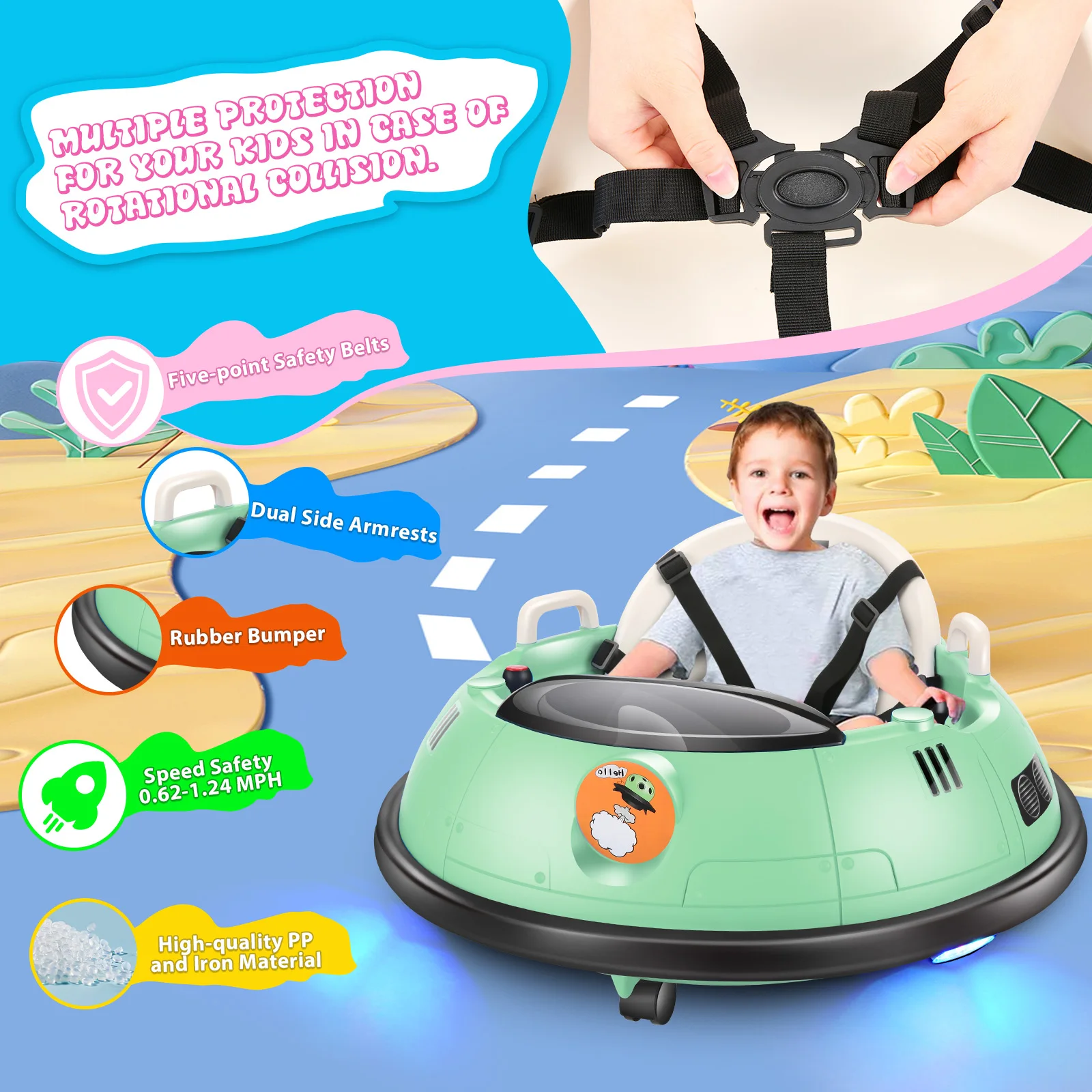 Bumper Cars for Toddlers with Remote, 12V Kids Bumper Car, 360 Degree Spin, 5-Point Harness, LED Lights & Horn, Baby Bumper Gift