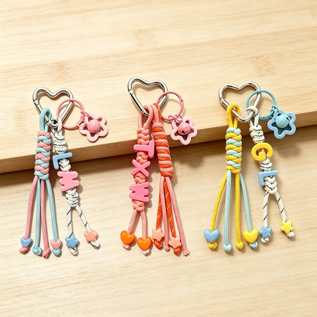 1pc Tassel Heart Bell Custom Bag Charm, Handmade Braided Rope Letter Bead Bag Pendant Star Bell/Bow, Heart Keychain