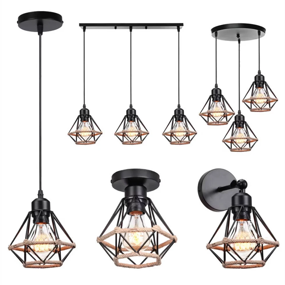 

Vintage Industrial Pendant Light Wrought Iron Cage Ceiling Hanging Lamp Lampshade for Loft Bar Bedroom Living Room Chandeliers