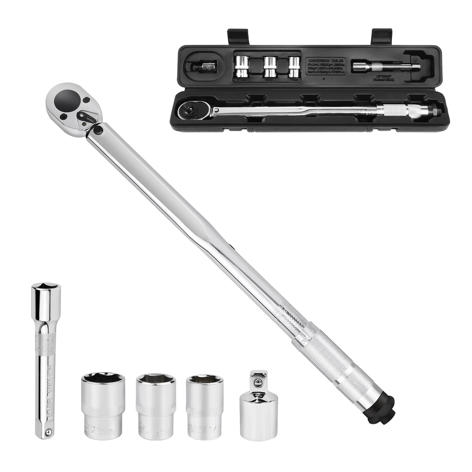 AliExpress NONE 1/2" Drive Bike Torque Wrench Set, Dual-Direction Adjustable 45 Teeth Click Bicycle Torque Wrench, Ratchet Torques Wrenchs with Extension, Socket Bits(17mm-19mm-21mm), for Mountain Bike Repair Tool
