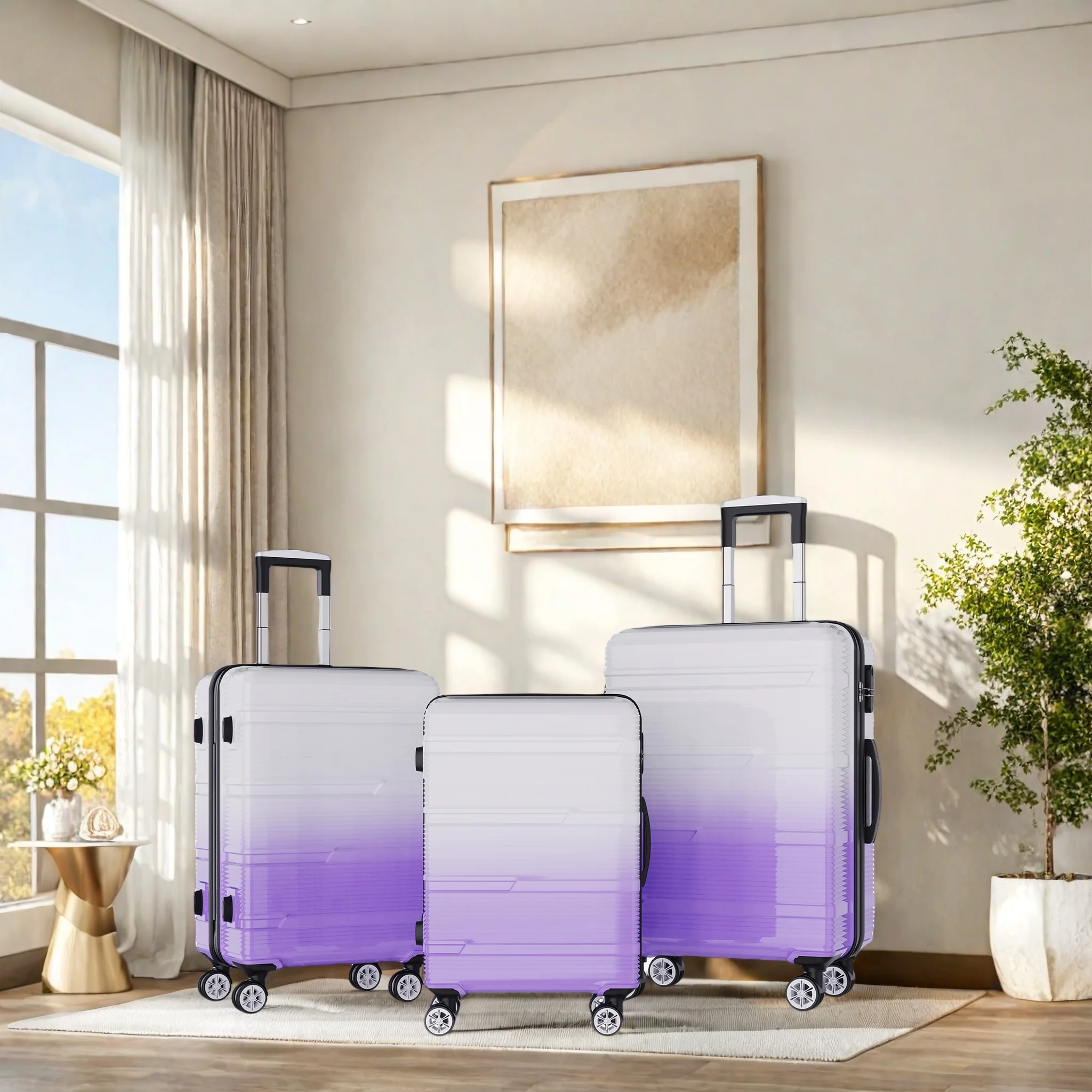 Koffer, Reisekoffer, Hartschalenkoffer, 3-teiliges Set, mit tragbarer Gewichtsstütze, Zahlenschloss, rosa-lila Farbverlauf.