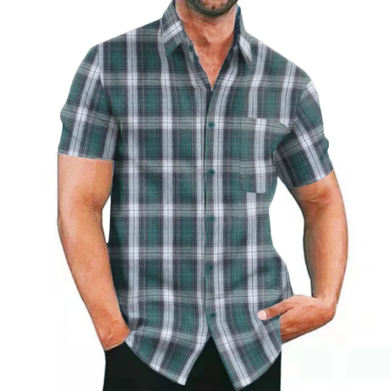 Men Shirt Casual Plaid Flannel Men's Clothing Short-Sleeved Chest Pocket Design Men's Striped Shirts Printed-Button S-3XL