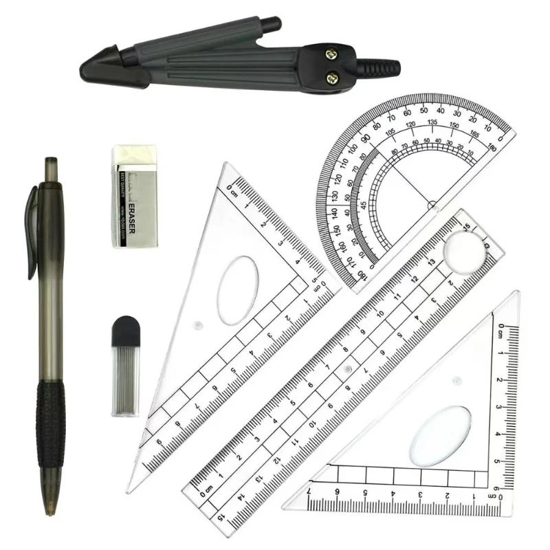 Kit de geometría para estudiantes, suministros matemáticos con caja inastillable para dibujar, ingeniería, brújula, regla transportador, 8 piezas