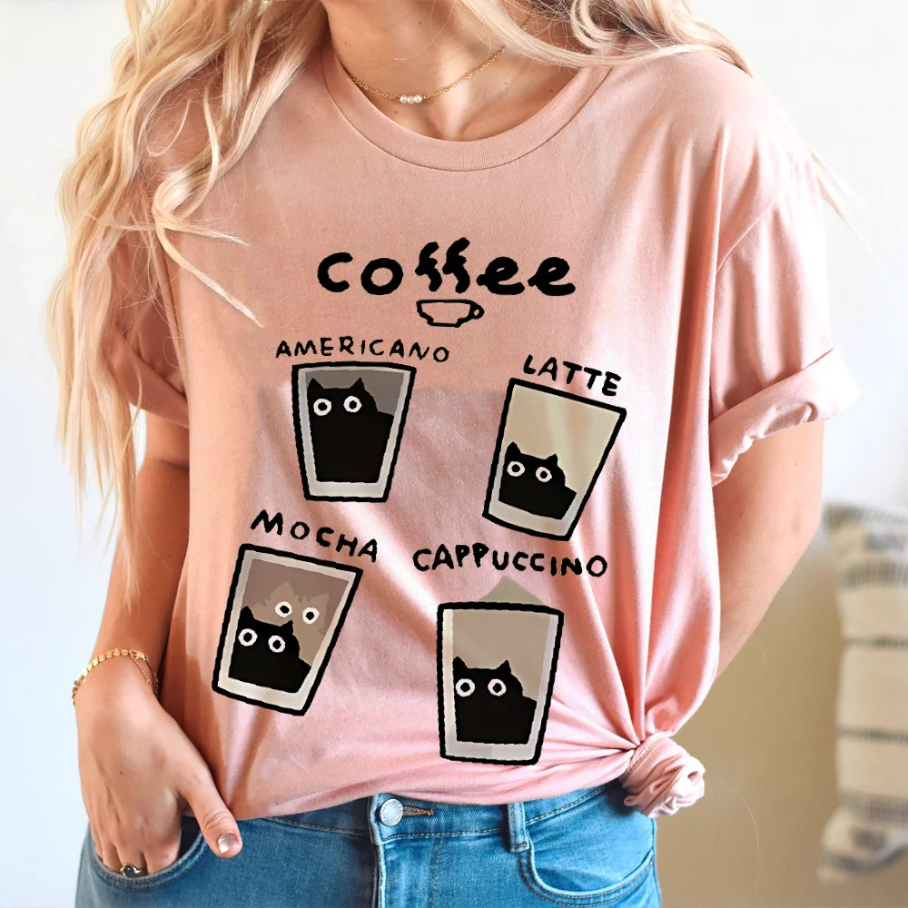 

Молодежный повседневный уличный топ для пар, летняя кремовая свободная футболка с кофейным принтом кота, женская свободная футболка в американском стиле с коротким рукавом унисекс