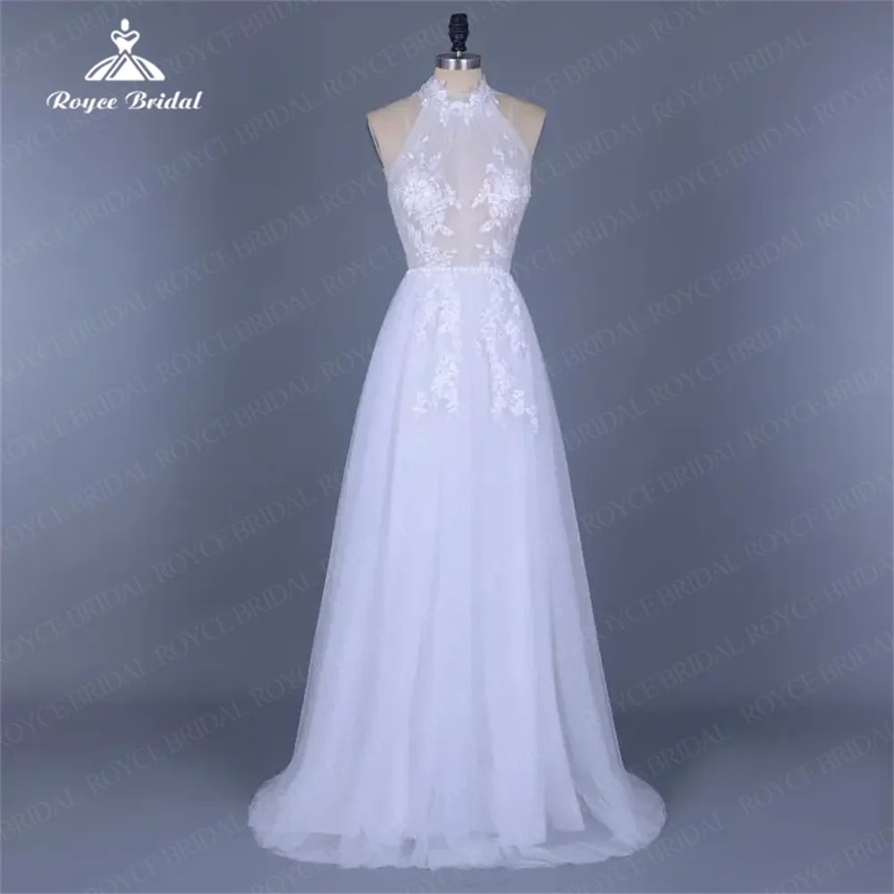 Gaun pernikahan A Line menakjubkan kerah Halter Allure Tulle tanpa lengan renda Applique sederhana gaun pengantin panjang lantai فساتين semi