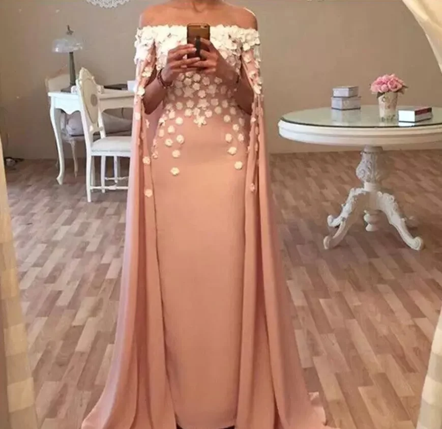 Arabic Flower Evening Prom Dresses Sheer Cape Off Shoulder Vestido De Festa Women Gowns Dusty Pink Demure 2024 Robe De Soirre