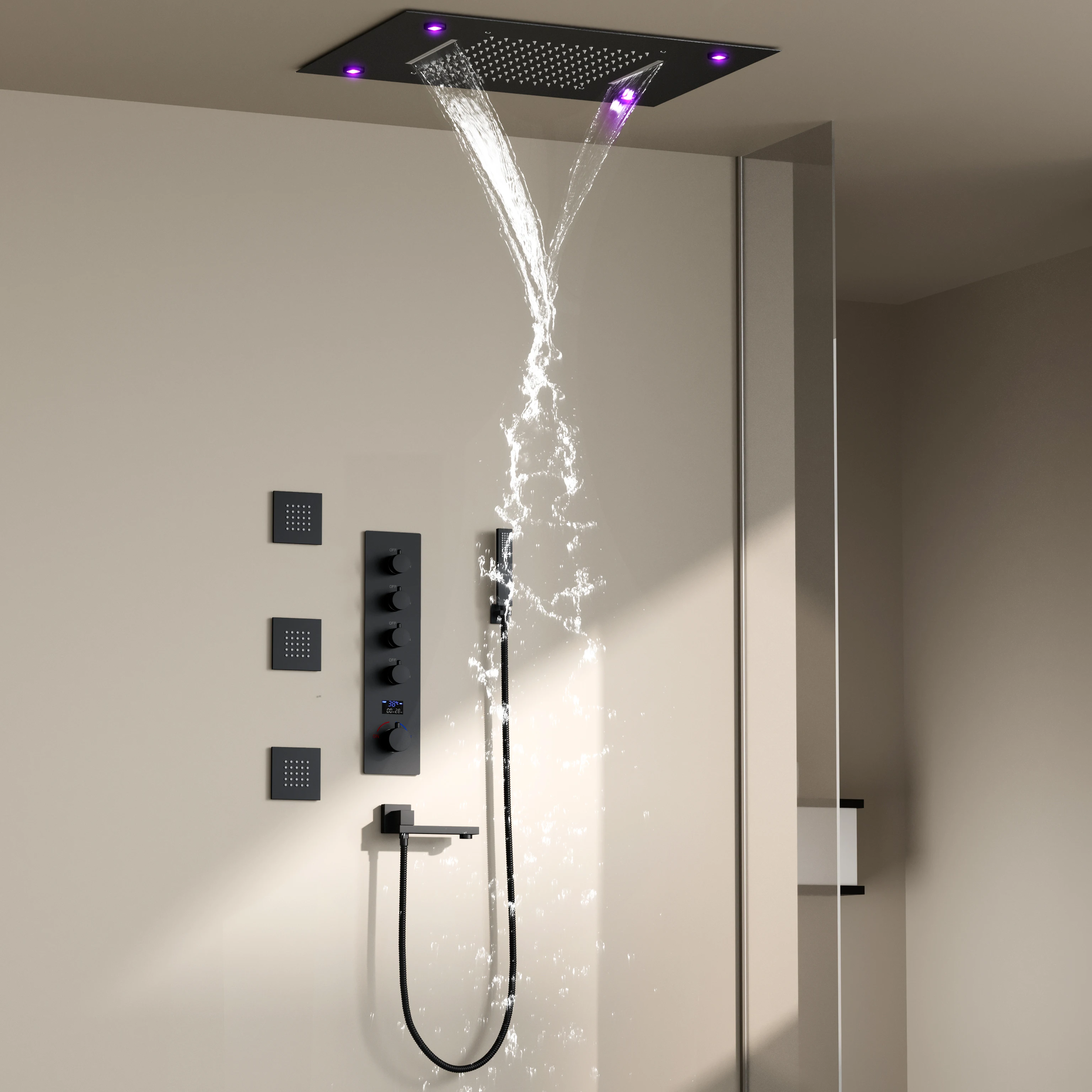 Modern Temperature Display Rainfall Showerhead LED Ceiling Mounted Bath Shower Faucet System Cold and hot Bathroom Shower Set