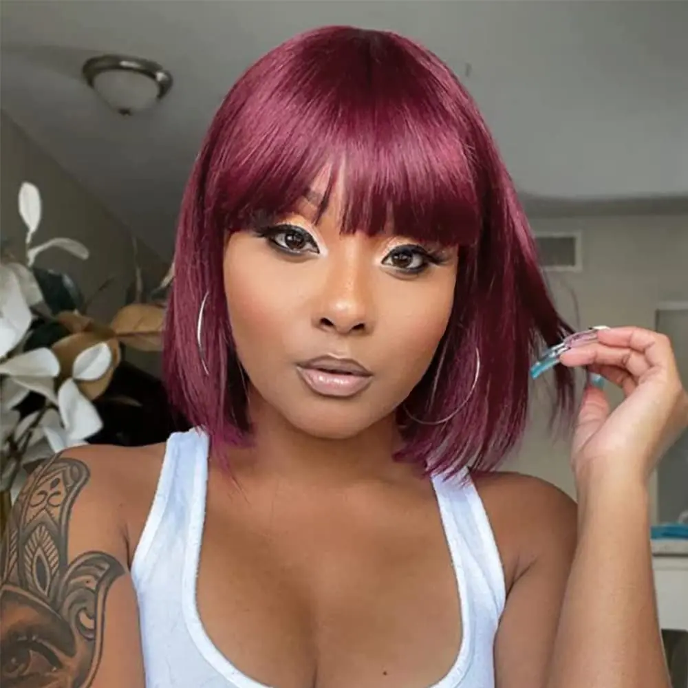 

99J Short Bob Human Hair Wig Burgundy Red Straight Bob Wig With Bangs For Women Brazilian Glueless Full Machine Made Fringe Wig