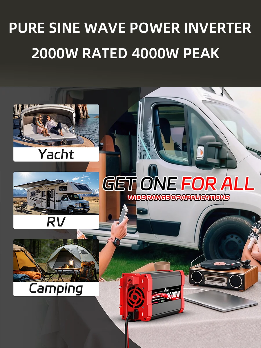 Reiner Sinus-Wechselrichter DC 12V 24V AC 220V 230V 2000W Nennleistung 4000W Spitzenleistung LCD Fernbedienung USB Typ-C für Wohnmobil Auto Camping Zuhause