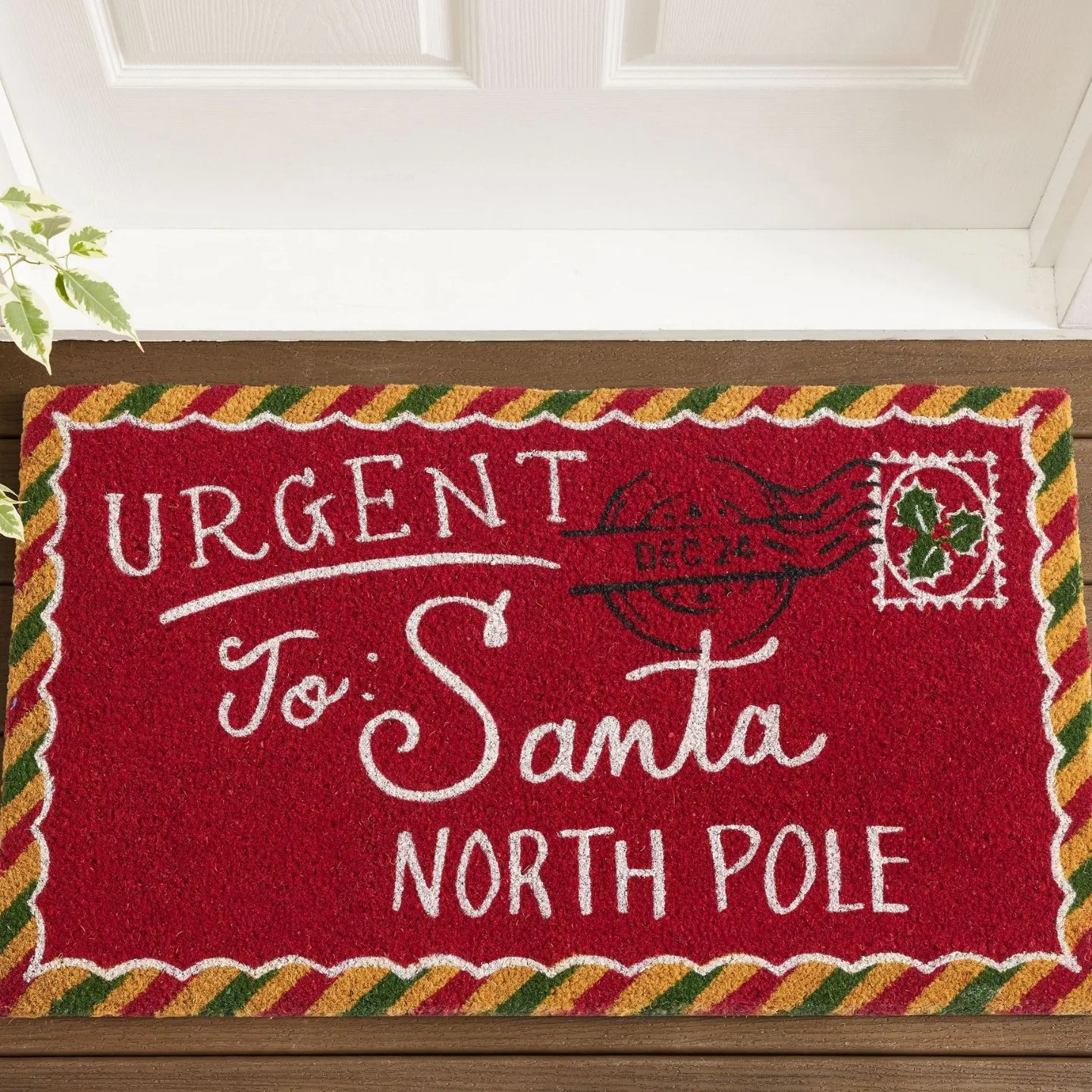 Red Christmas Doormat Santa Claus Envelope Letter Welcome Mat Christmas Non-Slip PVC Door Mat for Front Door Outdoor Girl's Room
