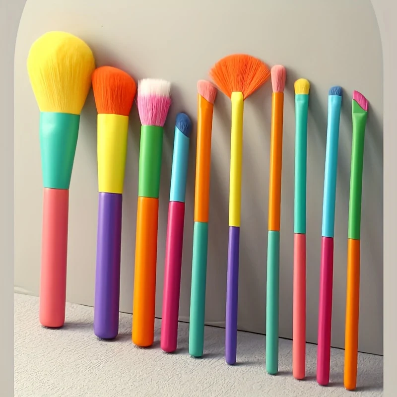 10 ultra-soft rainbow makeup brushes, including brushes for foundation, eyeshadow, blush, and eyebrows/lips