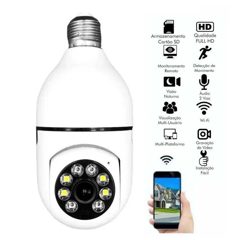 Camera seguranca lampada smart wifi full hd 1080p mic foto sd ley-90 visao noturna - LEHMOX