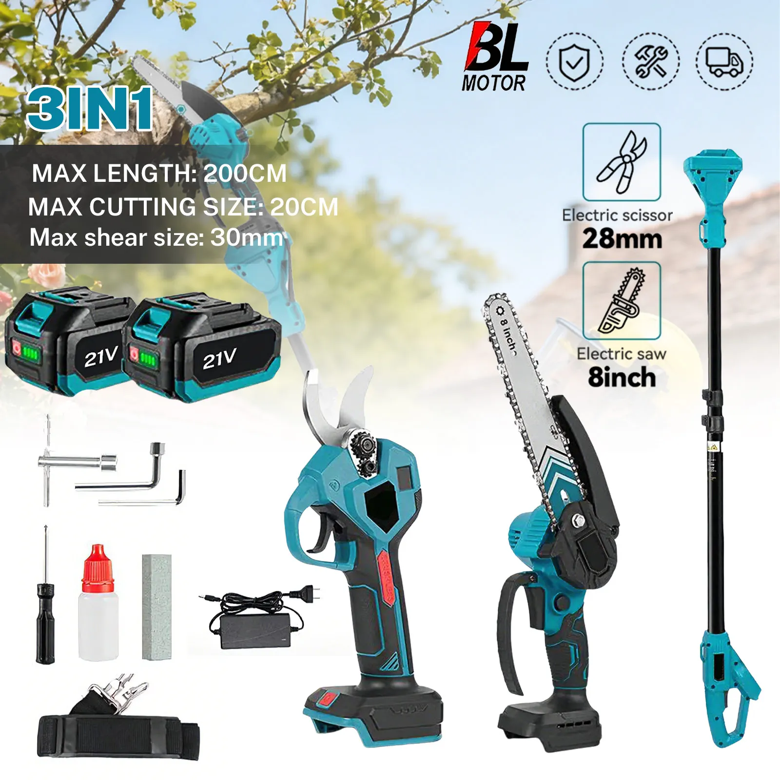 Tronçonneuse électrique sans balais 28 mm, 8 pouces, télescopique, pour l'élagage de jardin, compatible avec batterie Makita
