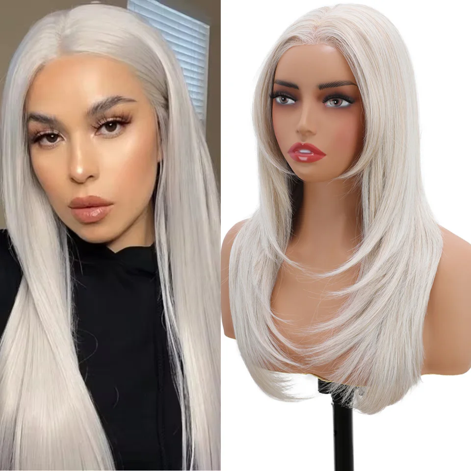 

Gladys 22 Inch 13x3 Lace Front Wigs Silver Blonde Color Synthetic Hair Cosplay Wigs Straight Transparent Lace Front Daily Wig