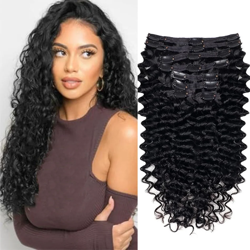 Clip nelle estensioni dei capelli capelli umani Clip brasiliana dell'onda profonda In Clip di colore nero naturale Ins capelli Remy 14-26 pollici per le donne