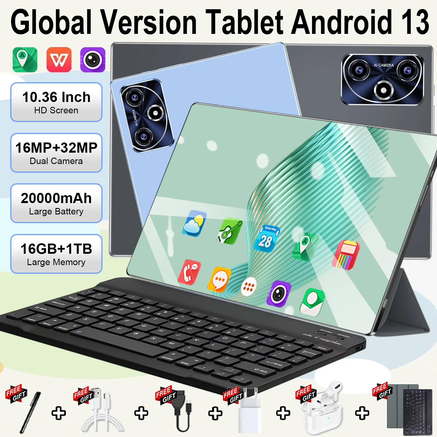Nouvelle tablette Android 5G 2026, 14 cœurs, 10,36 pouces, double SIM, double caméra, WiFi, Bluetooth, 16MP+32MP, GPS, 20000mAh