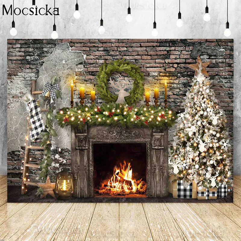 

Christmas Fireplace Backdrops For Photography Retro Brick Wall Xmas Tree Ladder Decor Kids Family Portrait Background Photocall