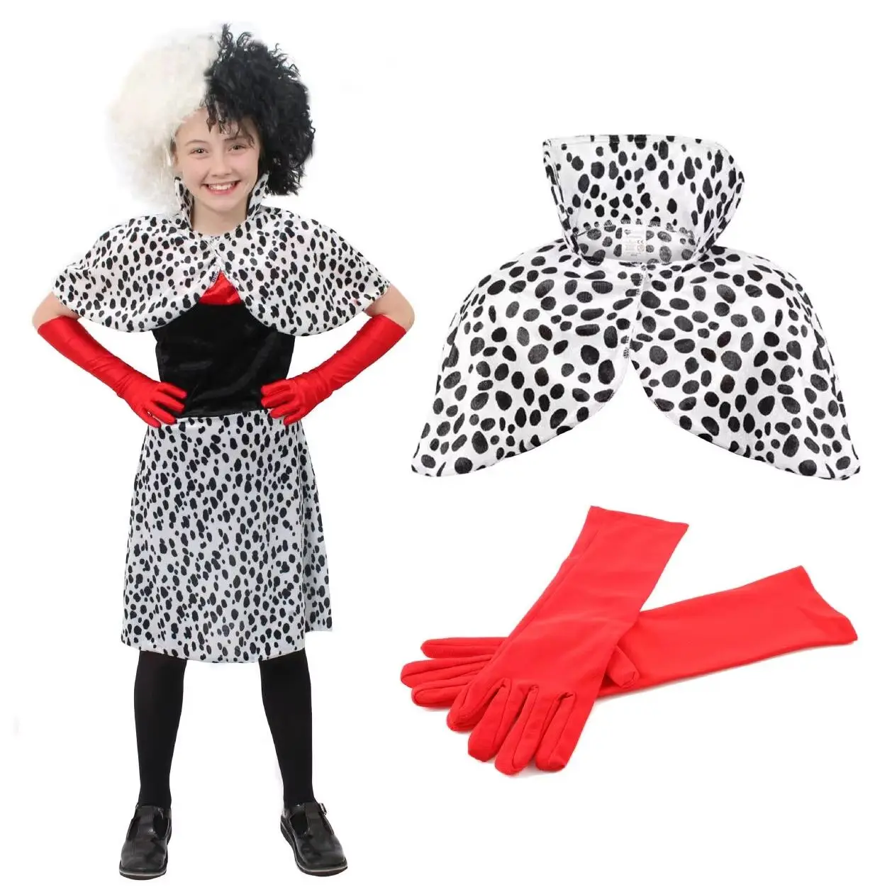 Girls Evil Dog Lady Costume - Dalmatian Print Dress - Perfect for Halloween & World Book Day Fancy Dress