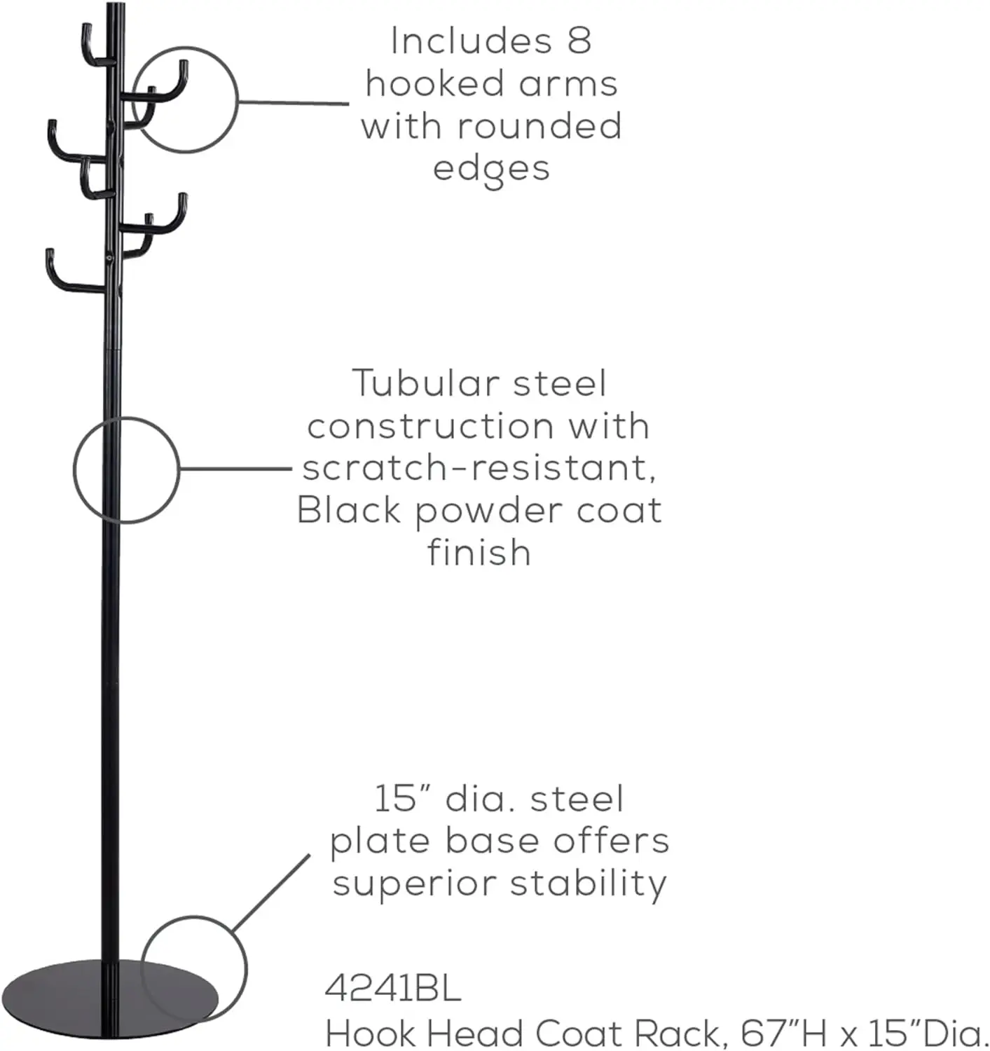 

Hook Head Coat Rack, Freestanding Hat and Jacket Hanger with 8 Rounded Edge Hooks, Durable Black Powder Coat Finish