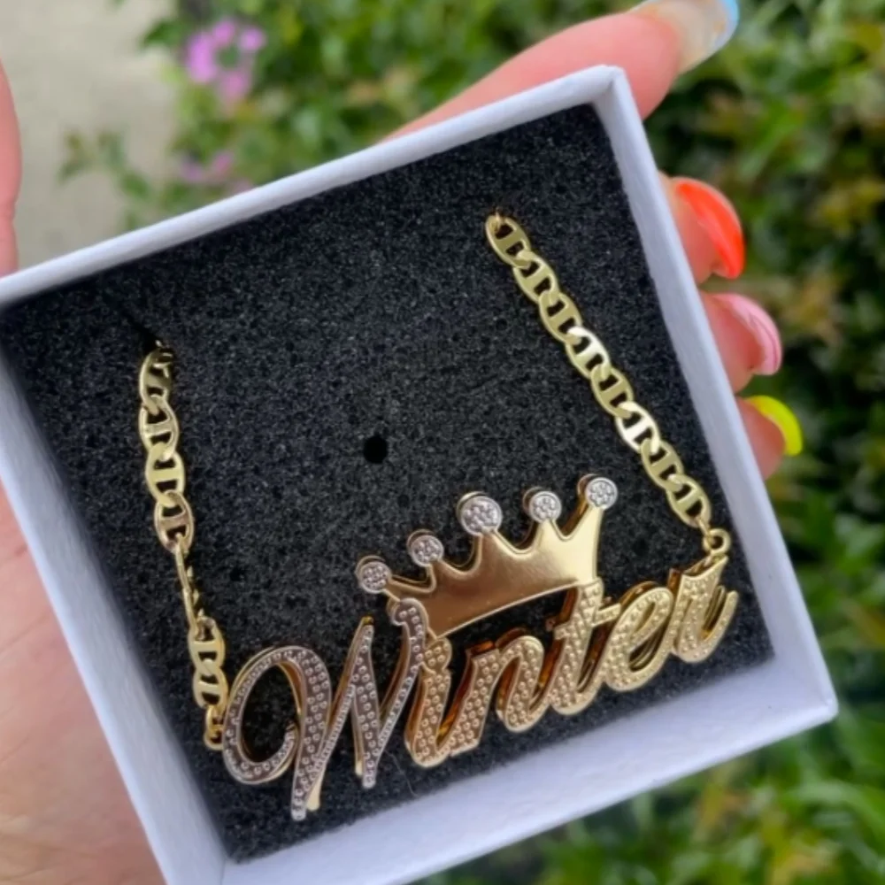 

LeeChee Crown Double Layer Stainless Steel Custom Name Two Tone Necklace Jewelry Gift