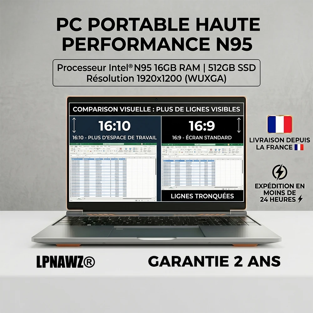 Ordinateur Portable 16'' Intel N95 - 16Go RAM 512Go SSD - Écran WUXGA 1920x1200 16:10 - PC Windows 11 Puissant avec Pavé Numérique - WiFi Bluetooth - Cadeau: Stickers AZERTY - Expédition Rapide FR