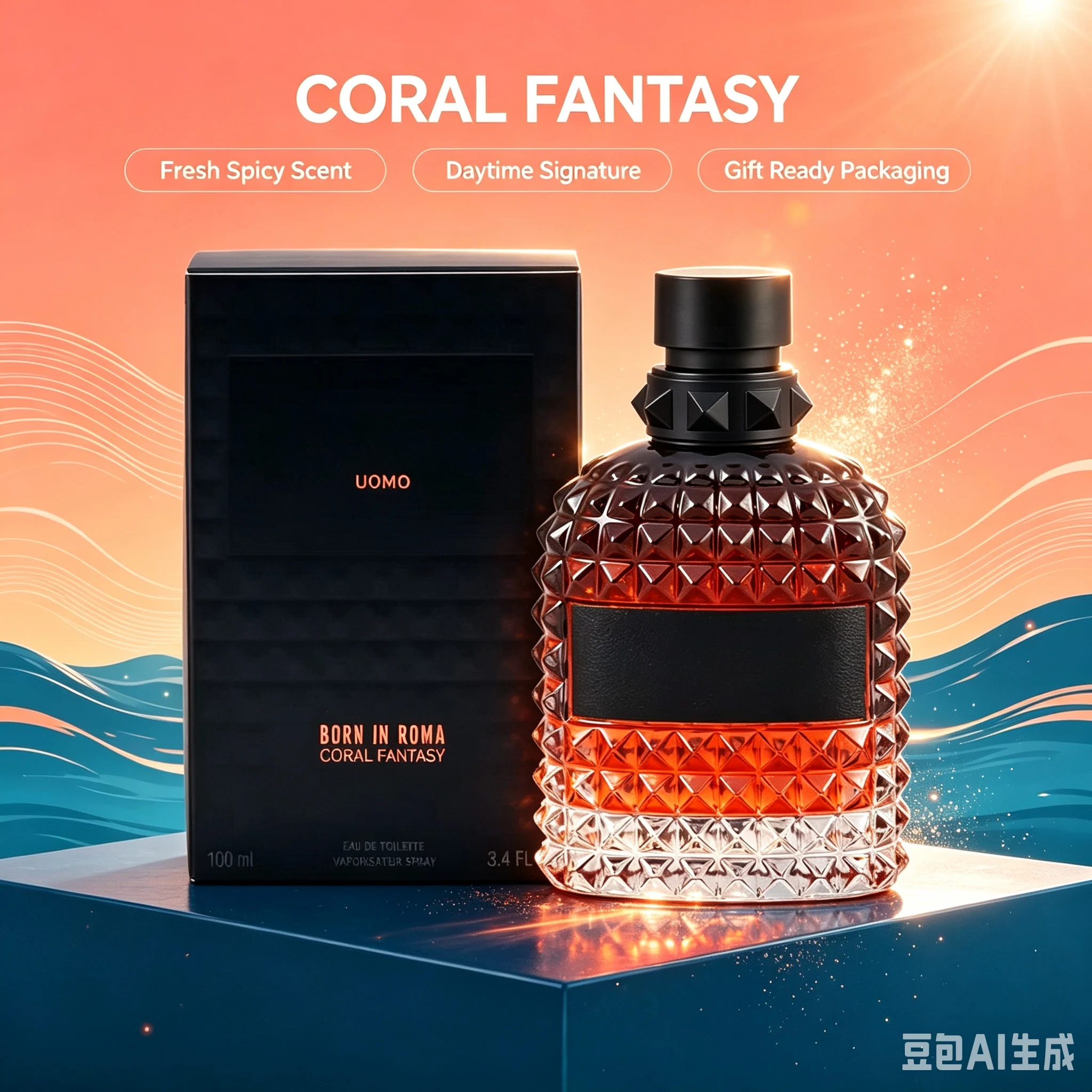 VAL.ENT.INO Uomo Born in Roma Coral Fantasy EDT 3.4 Fl Oz 100ml, Fresh Citrus Woody Aromatic Spicy Men's Cologne with Bergamot Sage Cedarwood Musk, Long Lasting Light Wearable Scent for Daily Casual Office Date Night Spring Summer, Luxury Fragrance Gift f