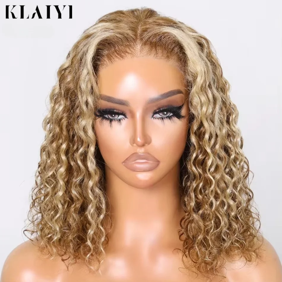 

Klaiyi Hair Blonde Highlight Water Wave Bob Wig 7x5 Lace Closure Pre Cut Pre Bleached Glueless 100% человеческие волосы, готовые к ношению