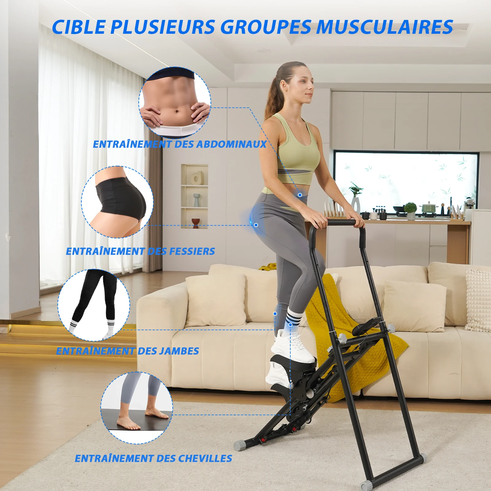 Stepper Escalier avec écran LED, réglage de l'inclinaison à trois niveaux, mains courantes et repose-pieds réglables, pliable.