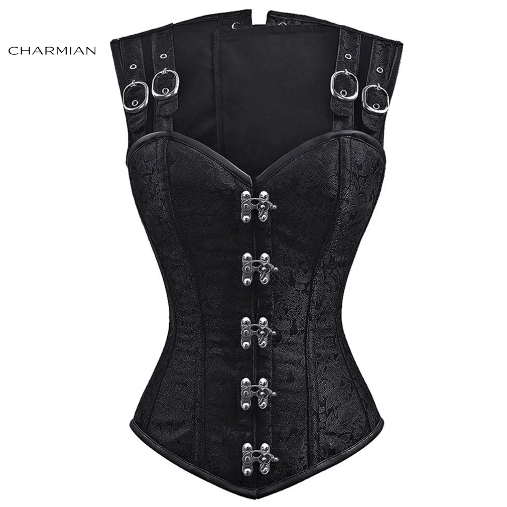 

Charmian Steampunk Gothic Steel Boned Corset Vest Womens Vintage Brocade Waist Cincher Overbust Bustier Corset Top with Straps