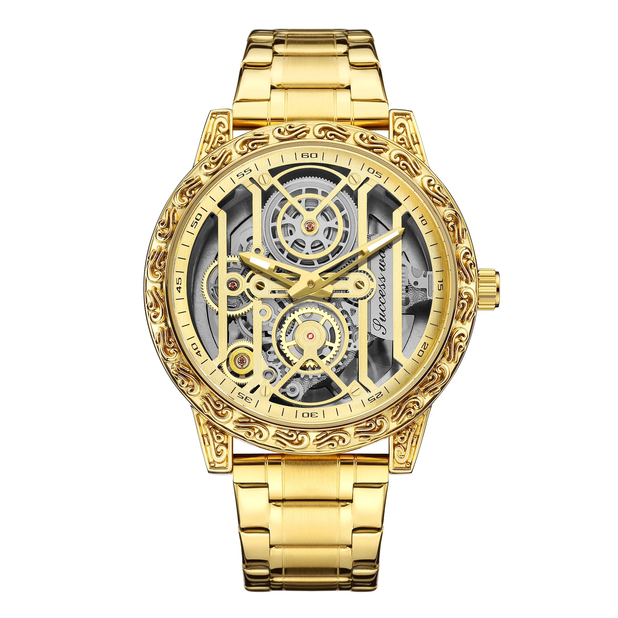 Top Men Gold Watches quartz Watch Male Skeleton Wristwatch Stainless Steel Band Luxury Brand Sports Design