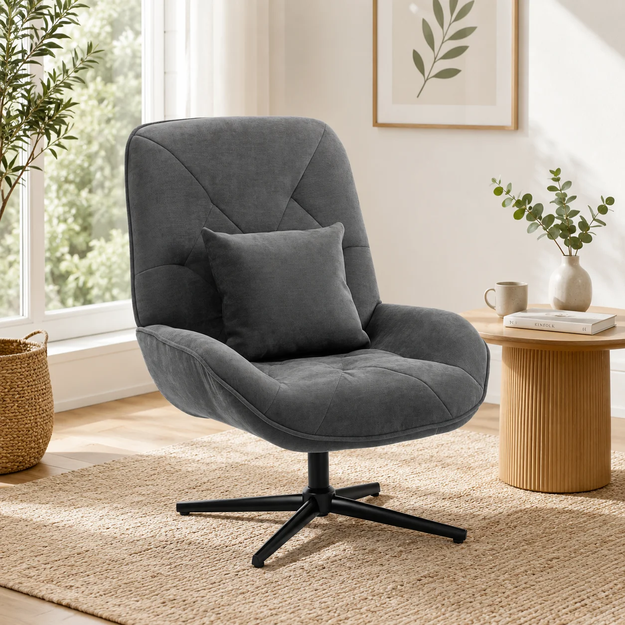 Fauteuil pivotant d'appoint, fauteuil en chenille avec coussin lombaire, dossier haut, assise profonde, gris foncé