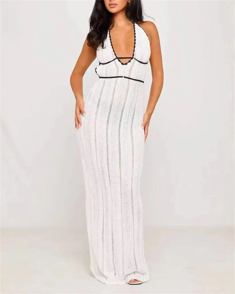 مثير العميق الخامس عارية الذراعين انظر من خلال الشاطئ فستان منسوج طويل ملابس النساء الجوف خارج شير الكروشيه بيكيني التستر ملابس السباحة الإناث #5