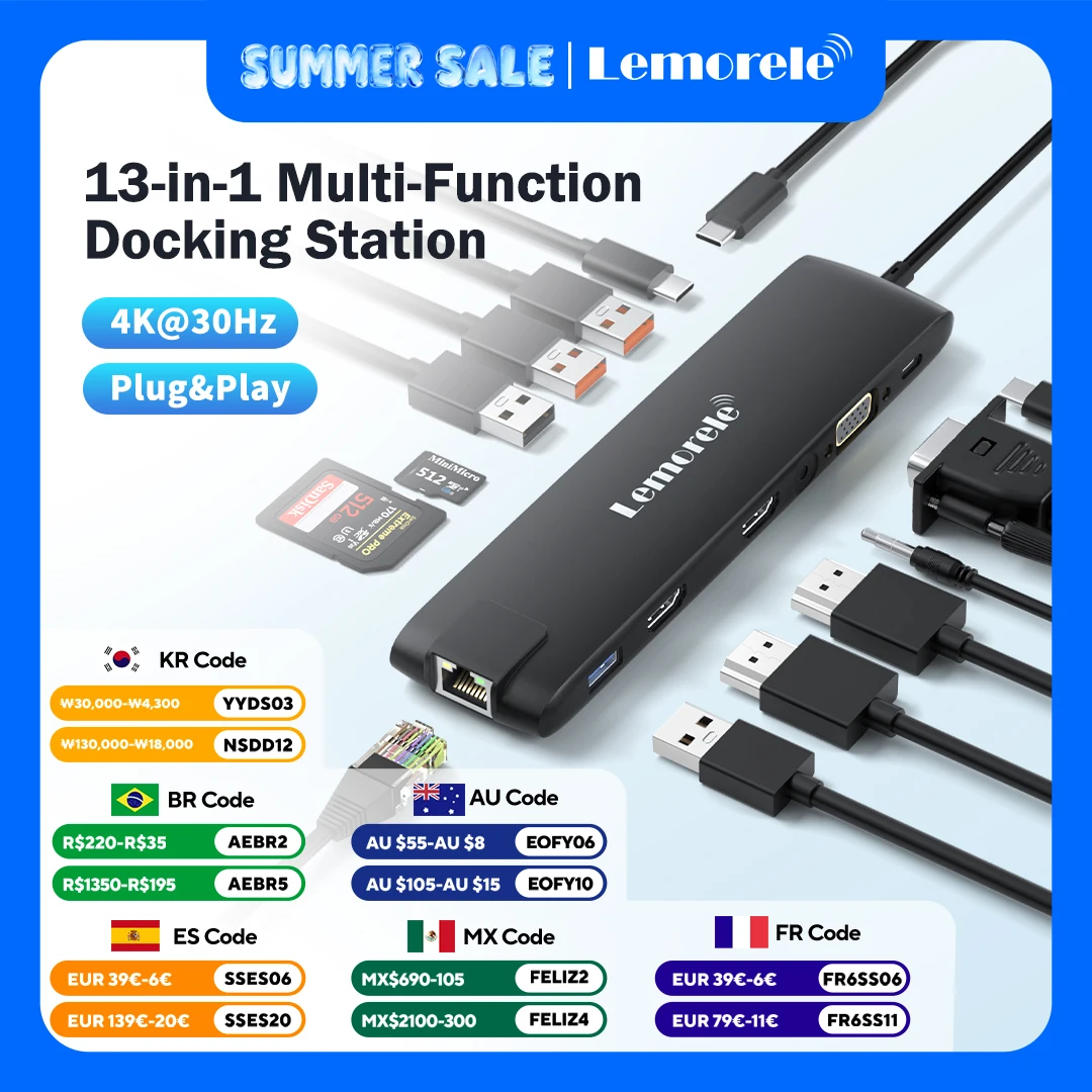 Lemorele 13 in 1 USB HUB 2 HDMI 4K@30Hz Adapter RJ45 Splitter Type C USB 3.2 PD 100W Charger Docking Station for MacBook Laptop