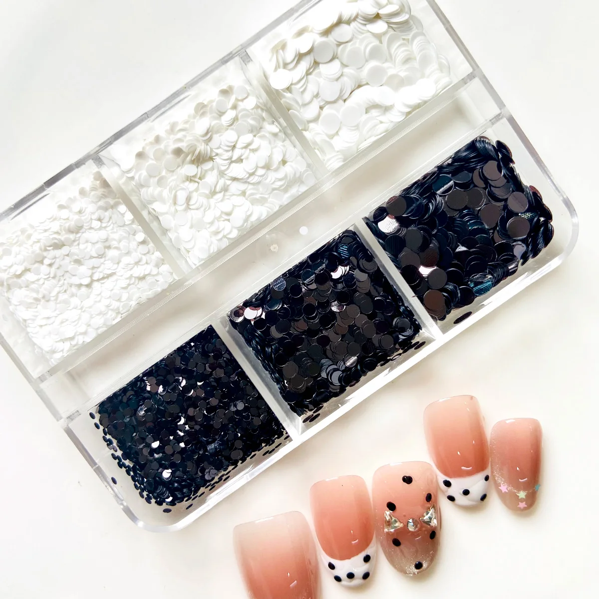 6 Grids Black White Round Nail Sequins Mixed Size Polka Dot Nail Art Glitter Flakes 3D Nail Decorations DIY Manicure Accessories