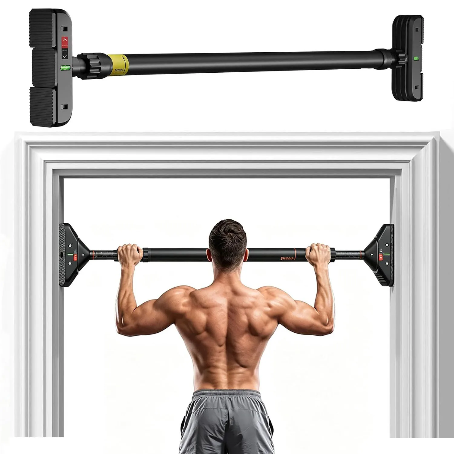 Klimmzugstange für Türrahmen, Klimmzugstange ohne Schrauben, 440 lbs Tragfähigkeit | Verstellbare Klimmzugstange 72-95 cm (28,3"-37,4"), Doppel-Gear-Verriegelung, Niveauanzeige, rutschfeste PVC-Pads