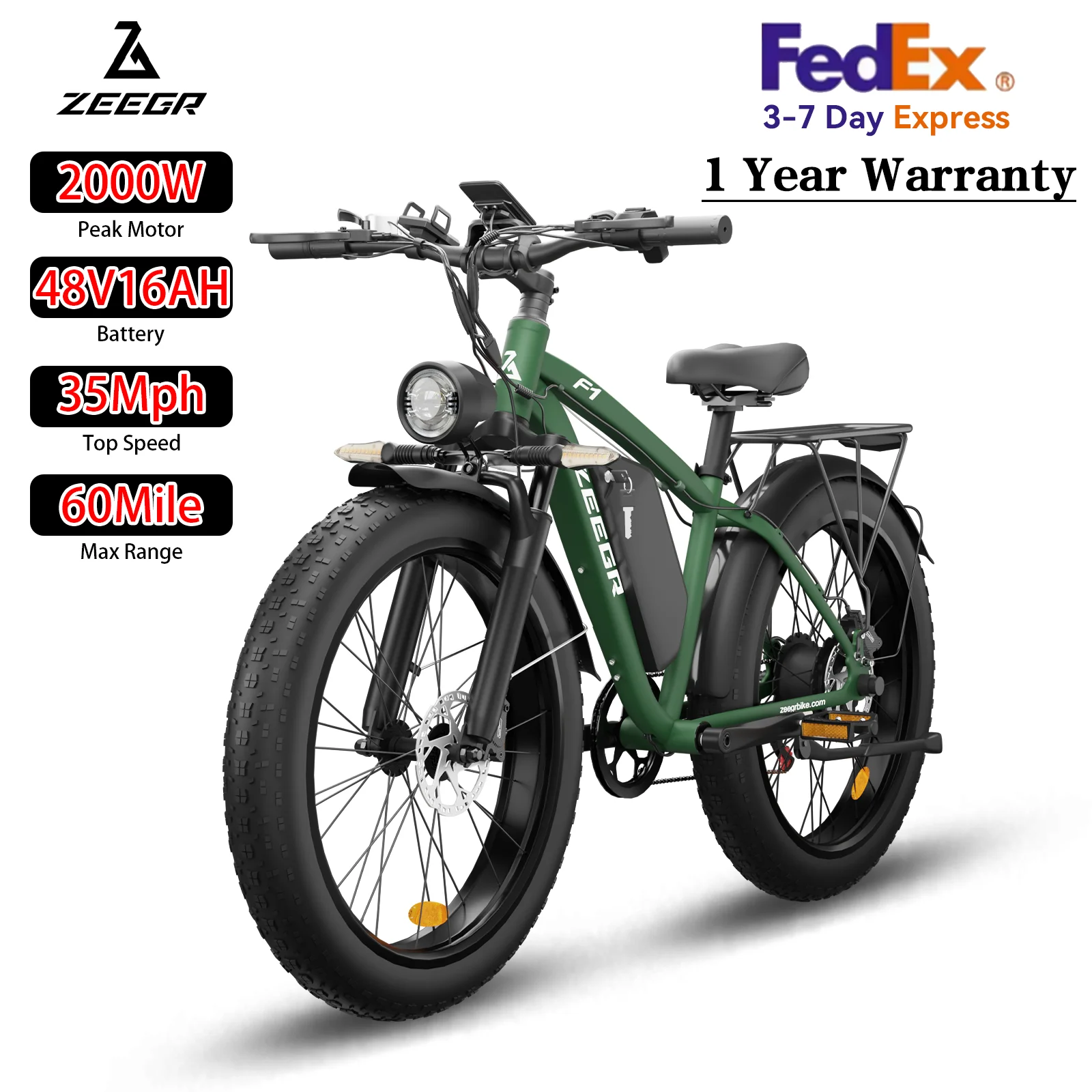 

ZEEGR F1 26 Inch 2000W Peak E-Bike 48V 16AH Single Drive Full Suspension Fast Charging Adult Electric Bicycle for US Riders