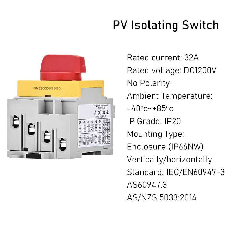 Photovoltaic Isolating Switch 1200V 1000V 500V DC Switch Positive + Negative Cut Off 32Amp DIN Rail Mounting Rotary Switch