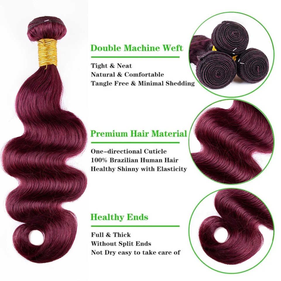 99J بورجوندي حزم الشعر البشري الجسم موجة حزم 100% البرازيلي حزم الشعر البشري نسج تمديد اللون # 99J للنساء السود #3